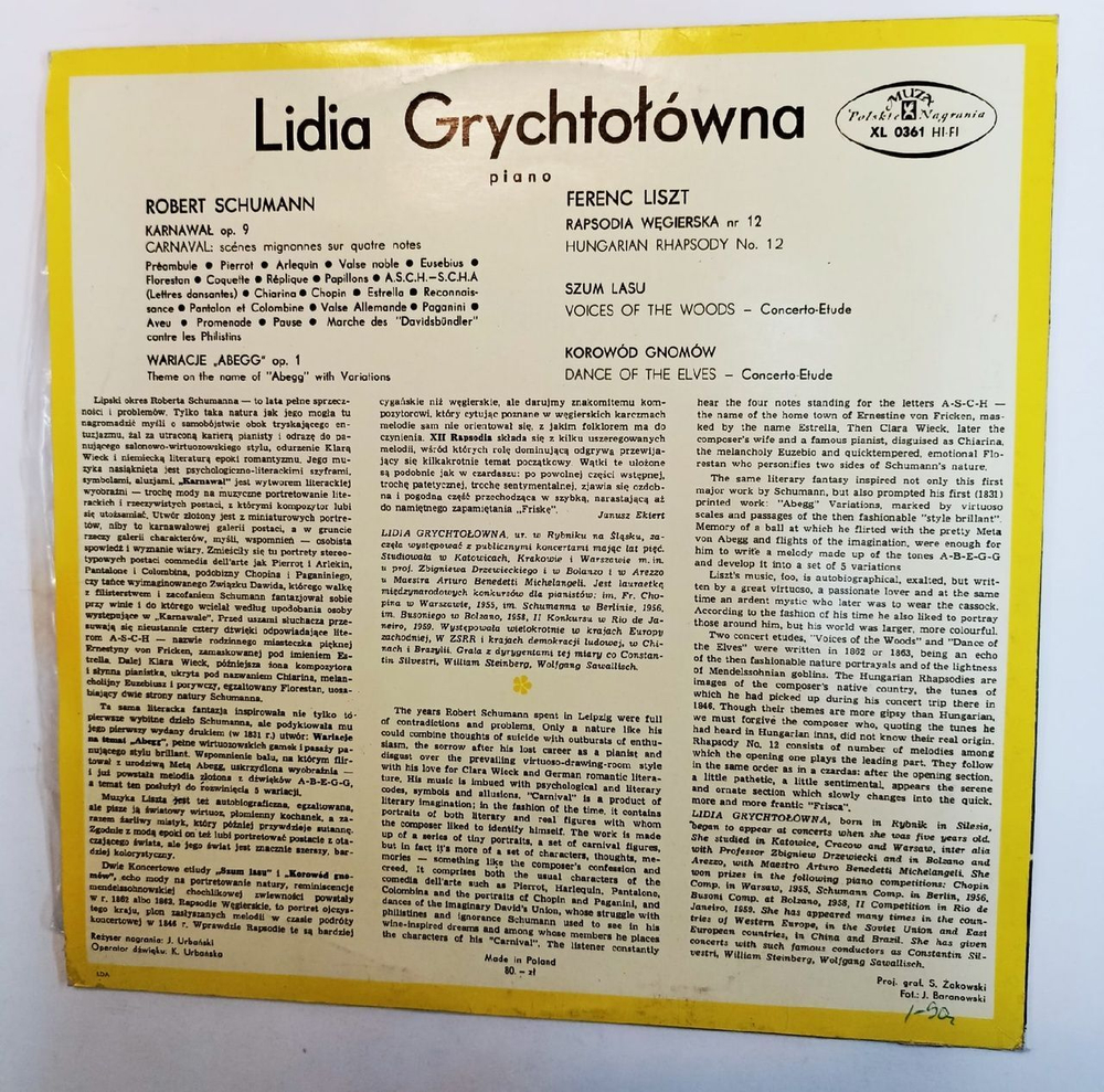 Винтажная виниловая пластинка Lidia Grychtolovna, Schumann Listz Piano Recital (Poland 1973)