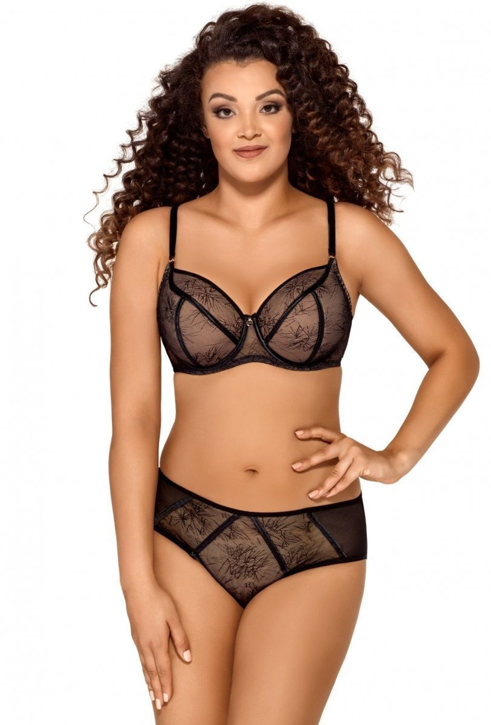 Бюстгальтер с плотными, покрытыми сеткой чашками с геометрическим рисунком (Размер: 100D) (Цвет: черный)