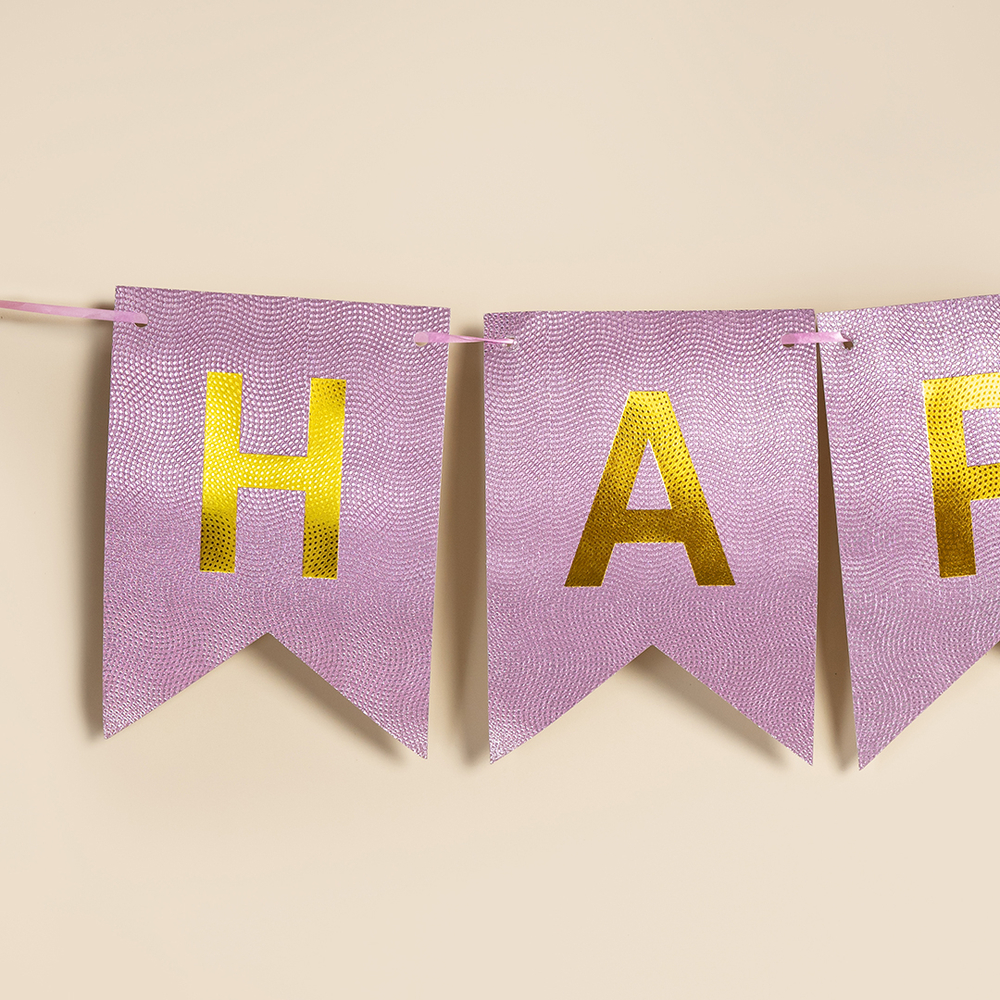 Гирлянда Флажки, Happy Birthday (фактура точки), Розовый/Золото, Металлик, 500 см, 16*12 см