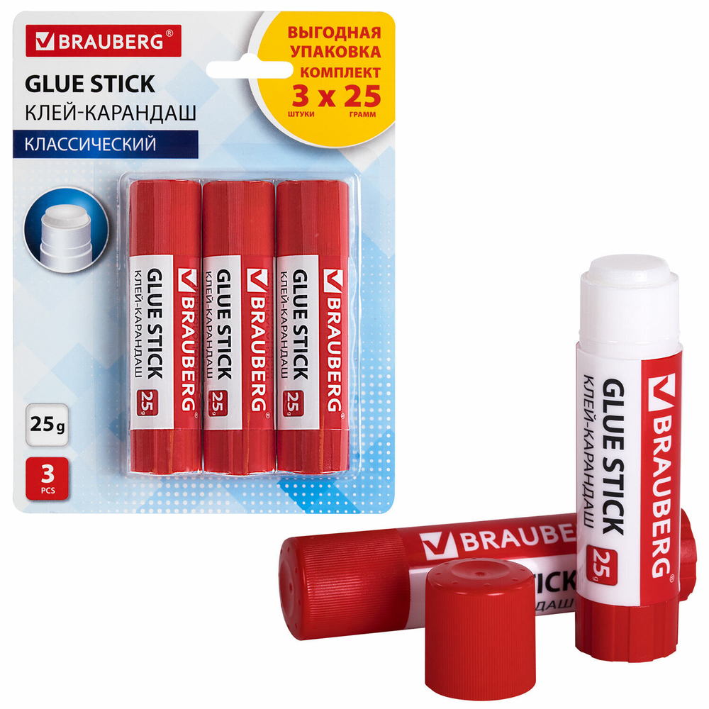 Клей-карандаш 25 г упаковка BRAUBERG 3 штуки на блистере (12 штук в упаковке)