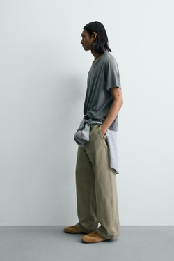 ZARA БРЮКИ ЧИНОСЫ ШИРОКОГО КРОЯ, ЗЕЛЕНЫЙ/СЕРЫЙ