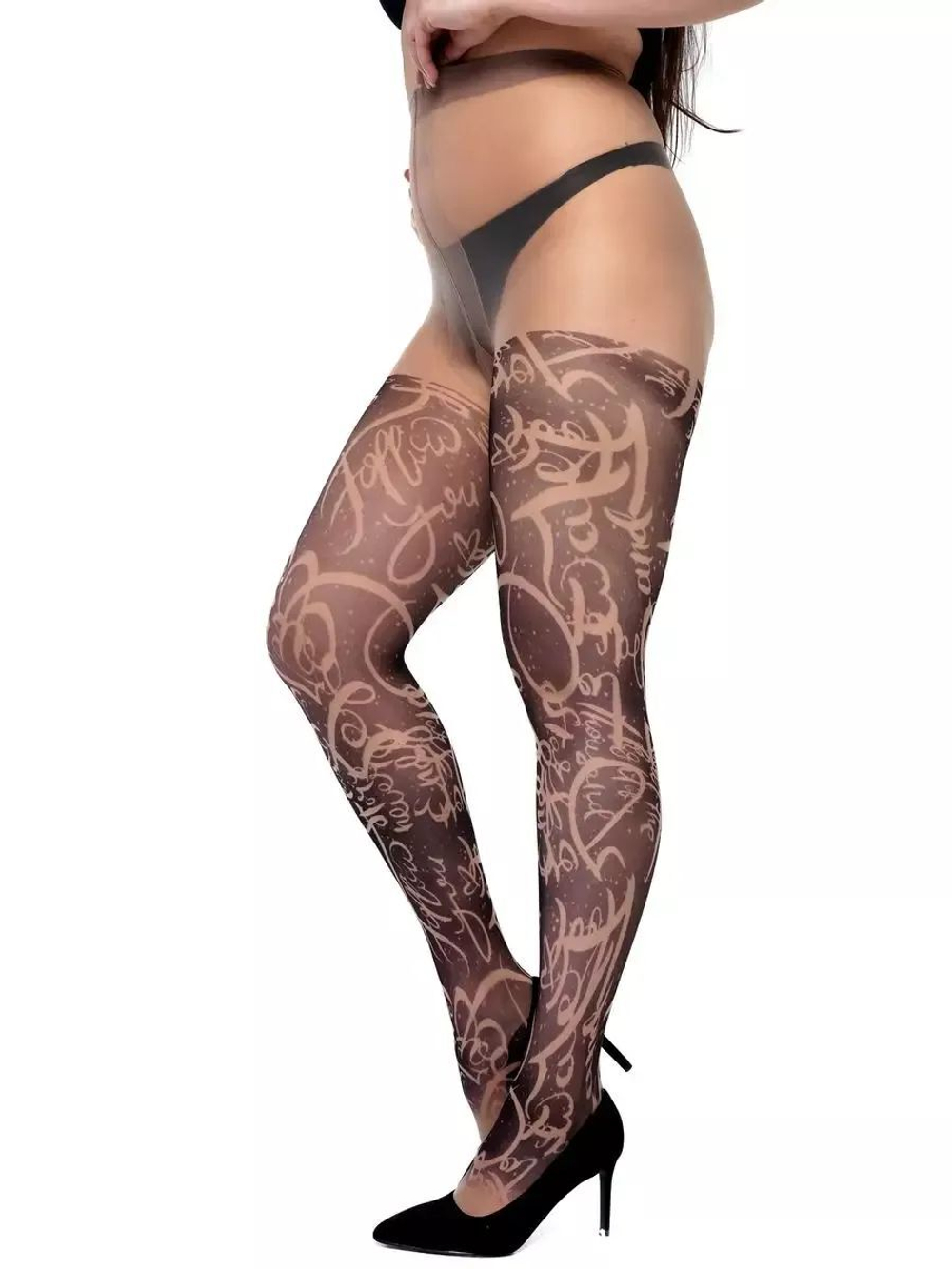 Колготки +size с принтом-имитацией чулок (Размер: XL-XXL-XXXL) (Цвет: бежевый)