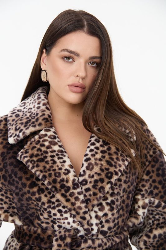 Шуба из овчины на трикотажной основе длинная, леопард