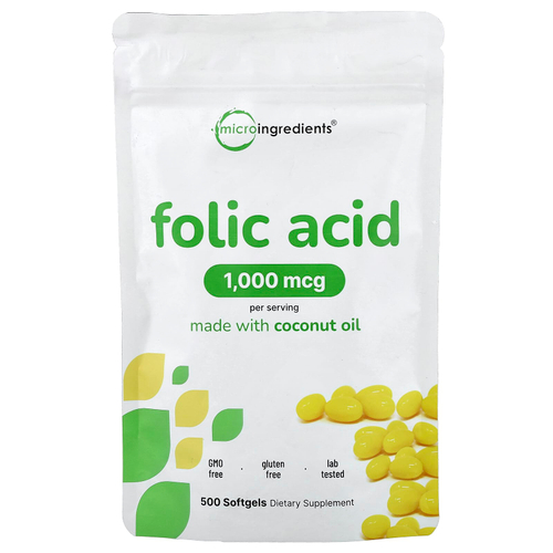 Micro Ingredients, Фолиевая кислота, 1000 мкг, 500 мягких таблеток