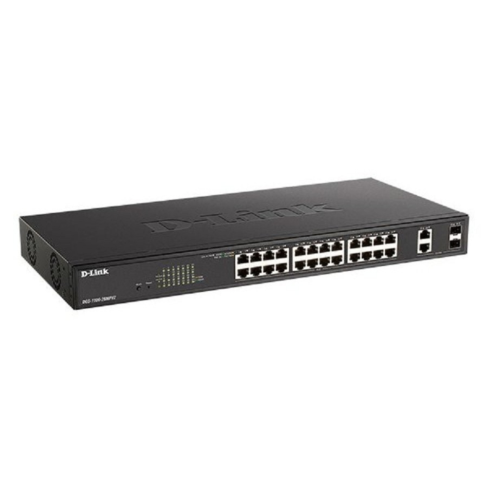 Коммутатор D-Link DGS-1100-26MPV2 / A3A Настраиваемый L2 коммутатор с 24 портами 10 / 100 / 1000Base-T и 2 комбо-портами 1000Base-T / SFP (24 порта PoE 802.3af / at, PoE-бюджет 370 Вт)