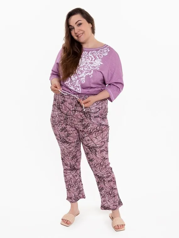 Брюки женские с принтом, цвет розовый с черн рисунком, размер 48