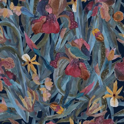 Ирисы (вариант 2), цветы, птица, стрекоза, улитка Акварель на тёмном