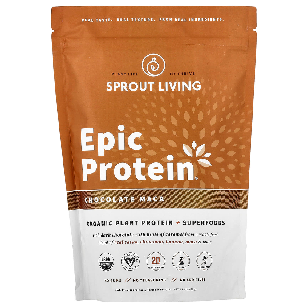 Sprout Living, Epic Protein, органический растительный протеин и суперпродукты, шоколад и мака, 455 г (1 фунт)
