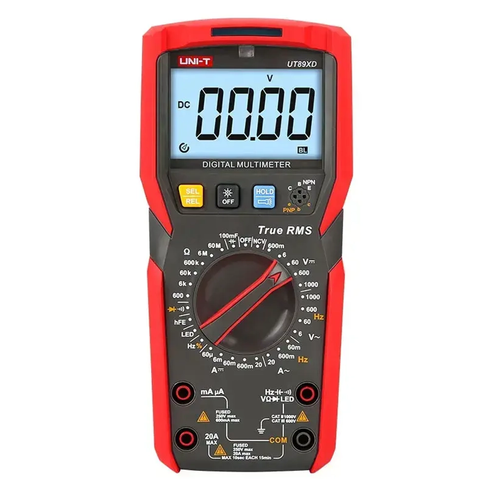 Мультиметр UNI-T UT89XD с TrueRMS: напряжение(1000B), ток(20A), сопротивление(60МOм), частота, ёмкость (100mF), NCV