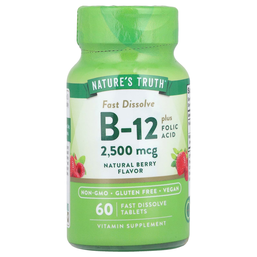 Nature's Truth, Витамин B12 с фолиевой кислотой, натуральные ягоды, 2500 мкг, 60 быстрорастворимых таблеток