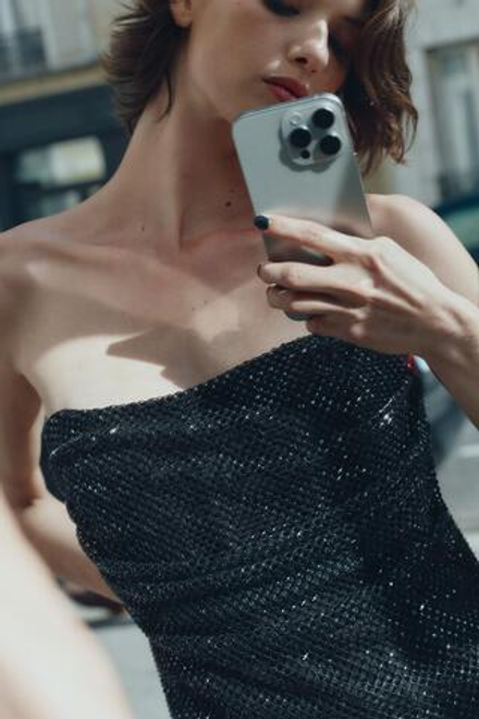 ZARA СЕТЧАТЫЙ ТОП С БУСИНАМИ, ЧЕРНЫЙ