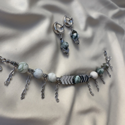 Комплект "Энергия ветра" с моховым агатом и цепочками