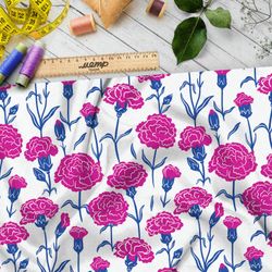 Ткань атлас мелкие розовые гвоздики на белом фоне