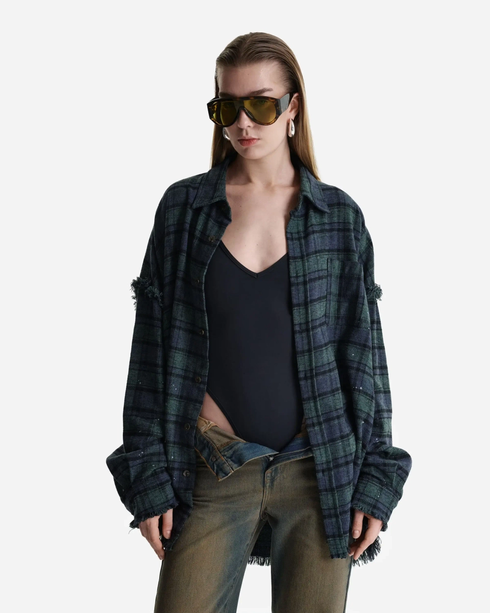 Рубашка в клетку с необработанным краем сине-зеленая