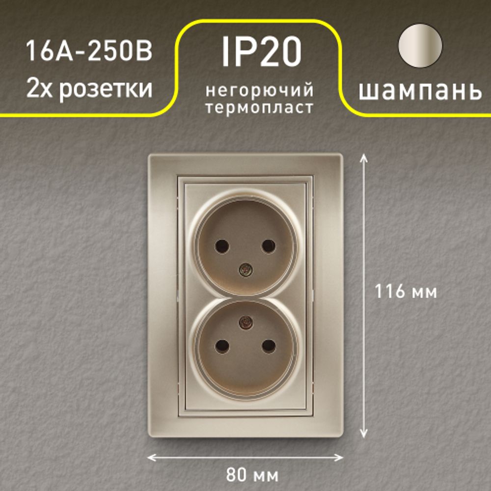 Розетка Intro Plano 1-204-04 без заземления двойная 2х2P, 16А-250В, IP20, СУ, Plano, шампань