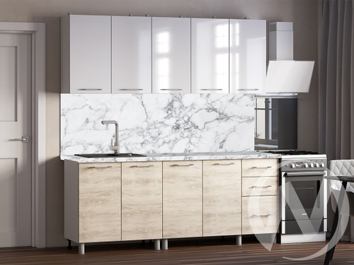 Кухня Нора 2.0м (корпус белый/белый; дуб шале светлый) 26мм мрамор итальянский