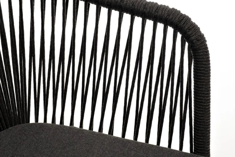 "Марсель" стул плетеный из роупа, каркас из стали золотой глянец, роуп темно-серый круглый, ткань серая