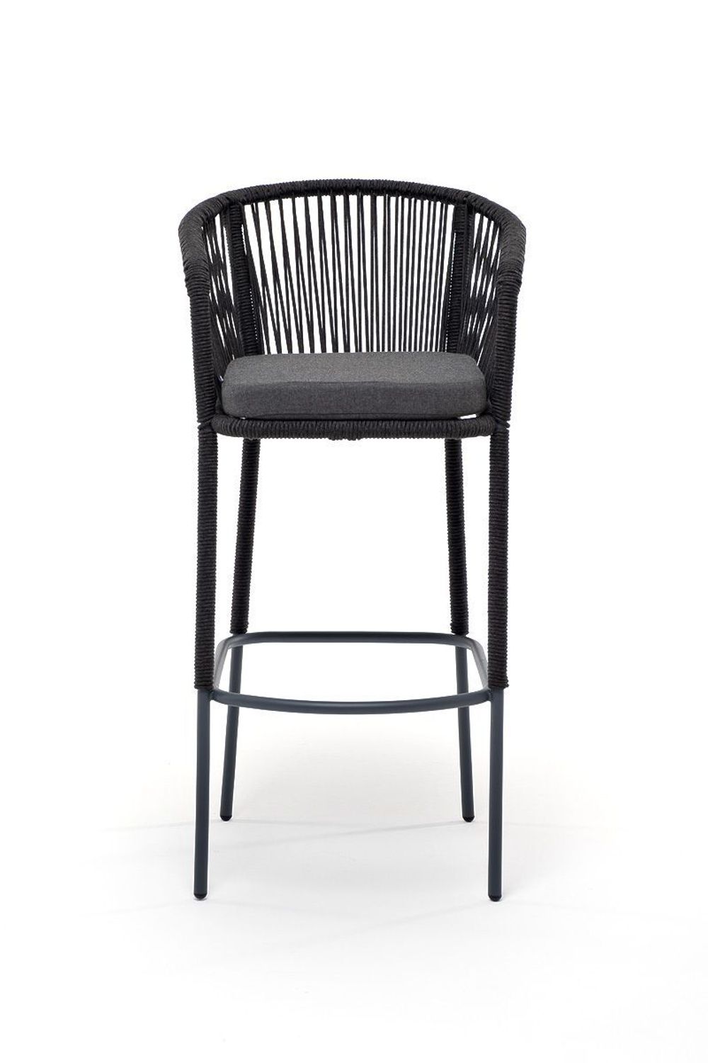 "Марсель" стул барный плетеный из роупа, каркас из стали серый (RAL7022) муар, роуп темно-серый круглый, ткань темно-серая 027
