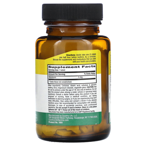 Country Life, Мелатонин, быстрое высвобождение, 1 мг, 120 таблеток