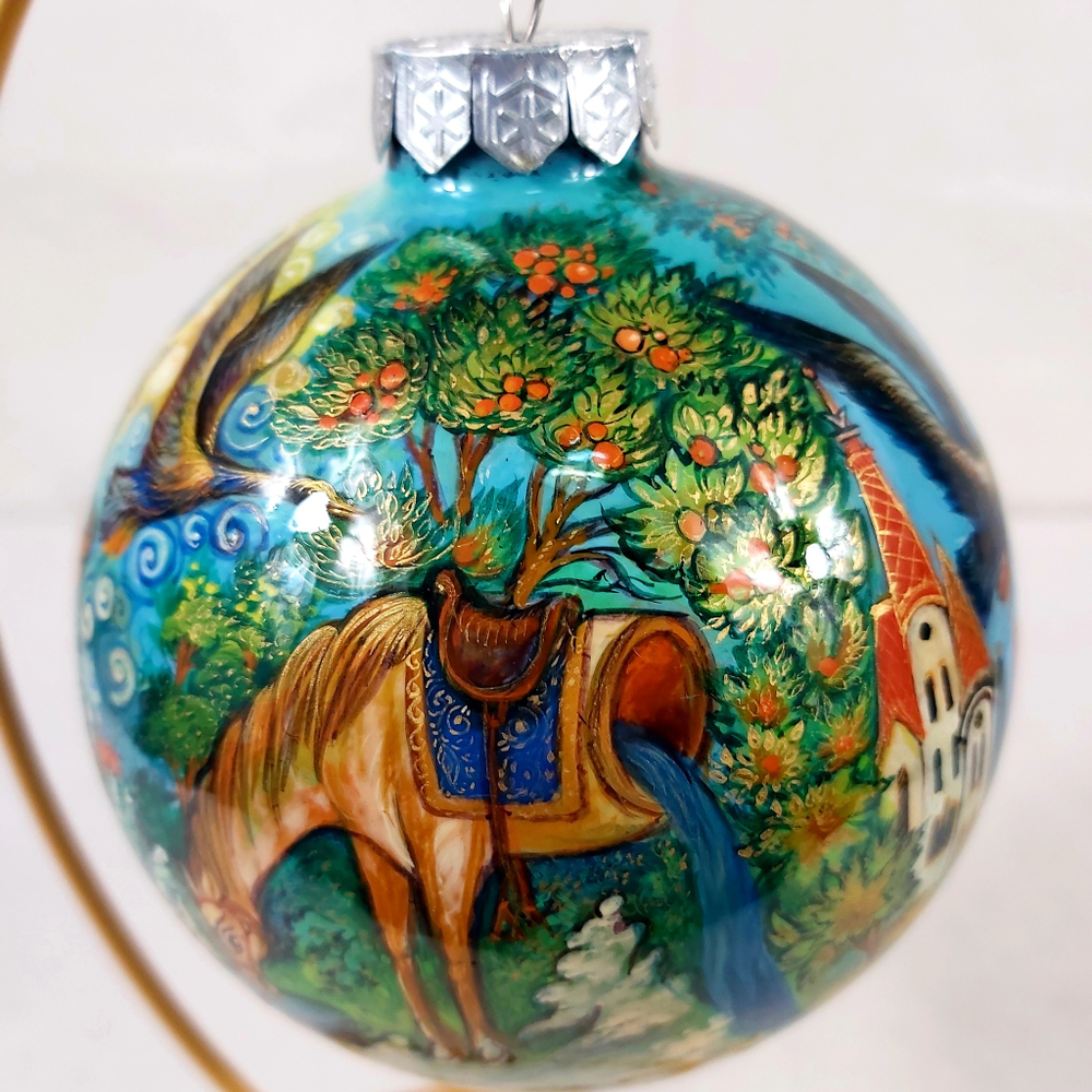 Шар новогодний (круговая роспись Палех) "Барон Мюнхгаузен" в коробке