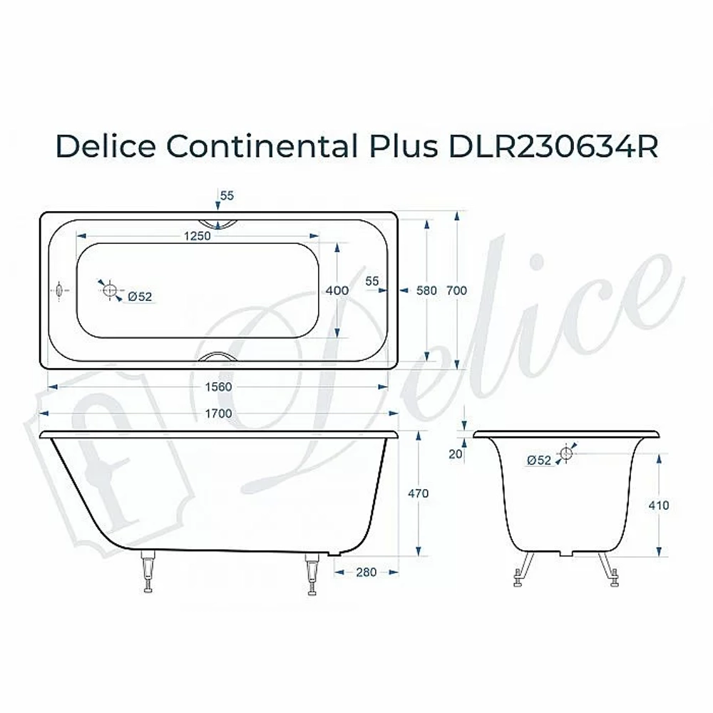 Ванна чугунная Delice Continental PLUS Elite DLR230634R 170х70 белая