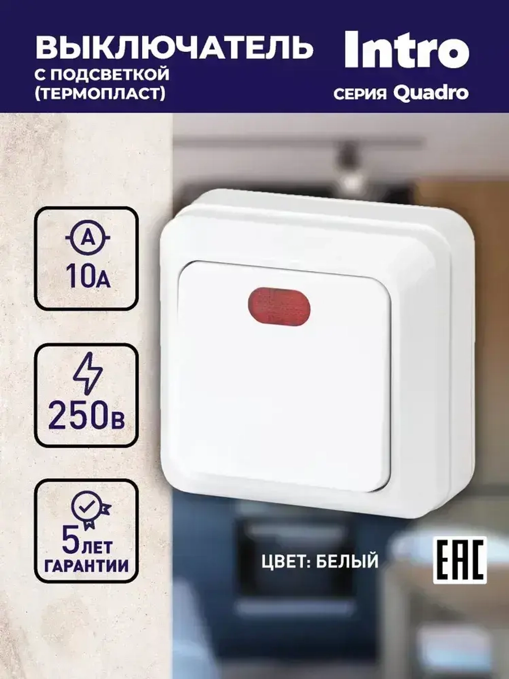 Выключатель Intro Quadro 2-102-01 одноклавишный с подсветкой 10А-250В IP20 ОУ белый