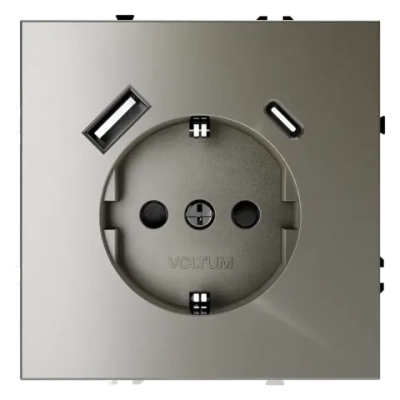 Розетка встраиваемая VOLTUM S70 с заземлением и защитными шторками, 16А, с USB, A+С, (шелк)