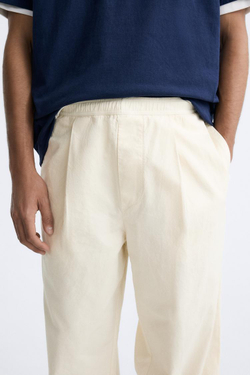 ZARA БРЮКИ ИЗ ХЛОПКА И ЛЬНА, ЖЕЛТОВАТО-БЕЛЫЙ