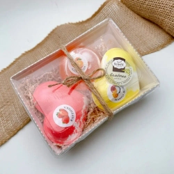 Набор бомбочек "Сердце клубника XL, манго-кокос XL + мыло апельсин