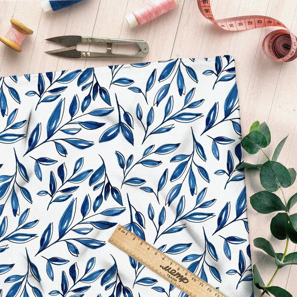 Ткань барби утончённые листья синие