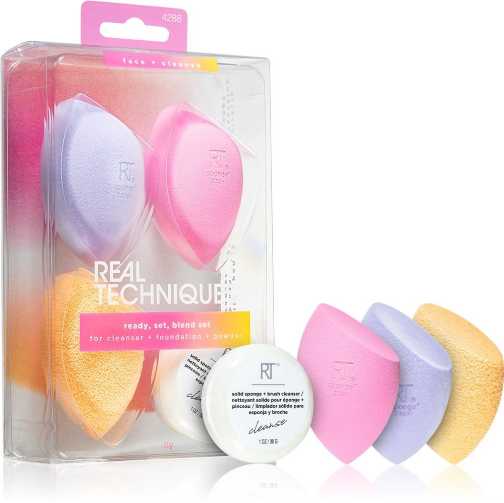 Real Techniques Miracle Complexion sponge for makeup application 1 pc + Miracle Powder puff 1 pc + Miracle Cleansing puff 1 pc + cleansing soap for cosmetic brushes 1 pc Chroma Ready, Set, Blend