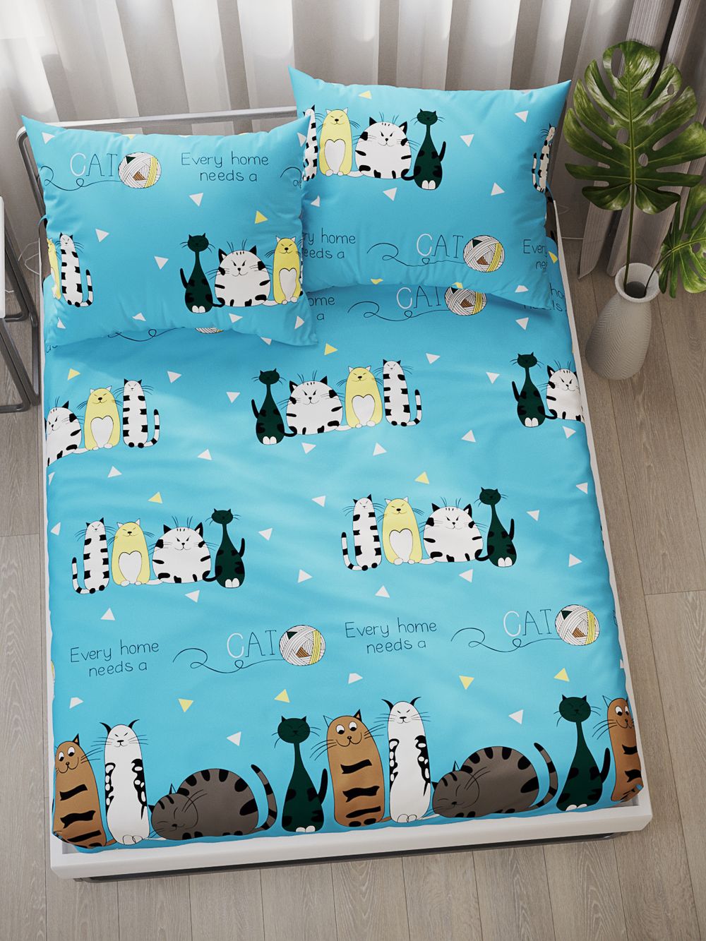 Постельное белье поплин Сказка "Коты Эрмитажа" 1,5-сп Наволочка 50х70 см 1 шт Простынь на резинке 90x200 см Пододеяльник 145x215 см
