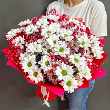 Букет из 7 хризантем сорта "KENNEDY WHITE" и гипсофилой цвета "RASPBERRY"