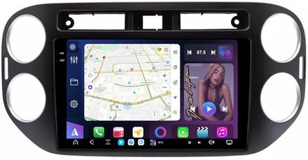 Магнитола для Volkswagen Tiguan 1 2011-2016 (рамка 9 чёрная, прямоуг. кнопка) - FarCar GX489M монитор 9.5" 2K QLED на Android 14, TS20, 6+128Гб, CarPlay, 4G SIM-слот