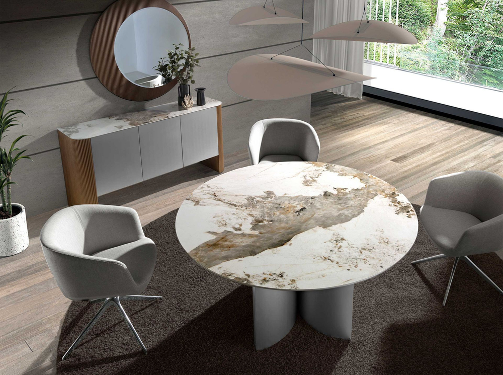 Обеденный стол 1148/RT23067 из серебристого дерева, ореха и керамики с мраморной отделкой