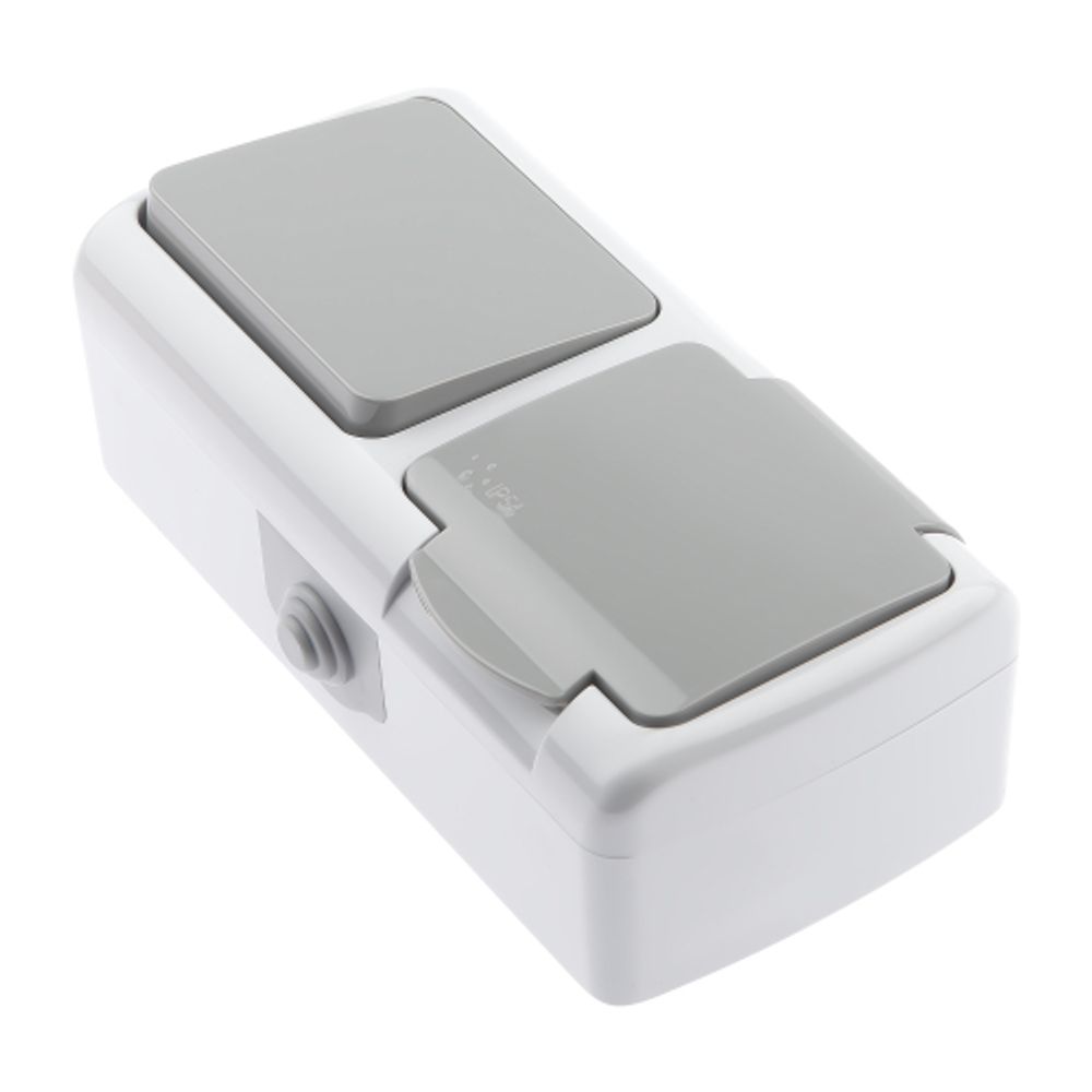 Блок розетка с выключателем Intro Atlantic 5-701-03 одноклавишным 2P+E 10-16А-250В гориз. открытой установки IP54 серый