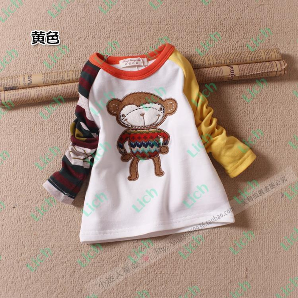 Лонгслив с разноцветными рукавами и аппликацией обезьянки