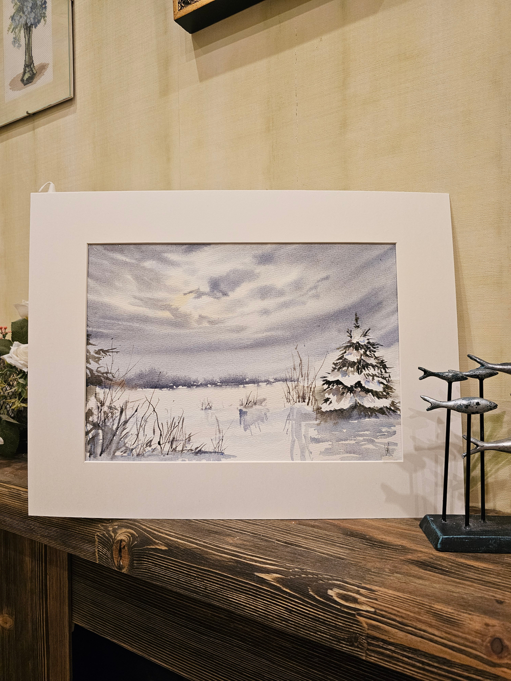 Картина авторская акварельная в паспарту 30х40 см на стену для интерьера "Поздний рассвет. Зима"