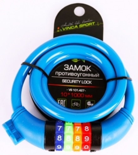 Замок велосипедный кодовый 10*1000мм, синий тросик, инд.уп. Vinca Sport VS 101.427 blue
