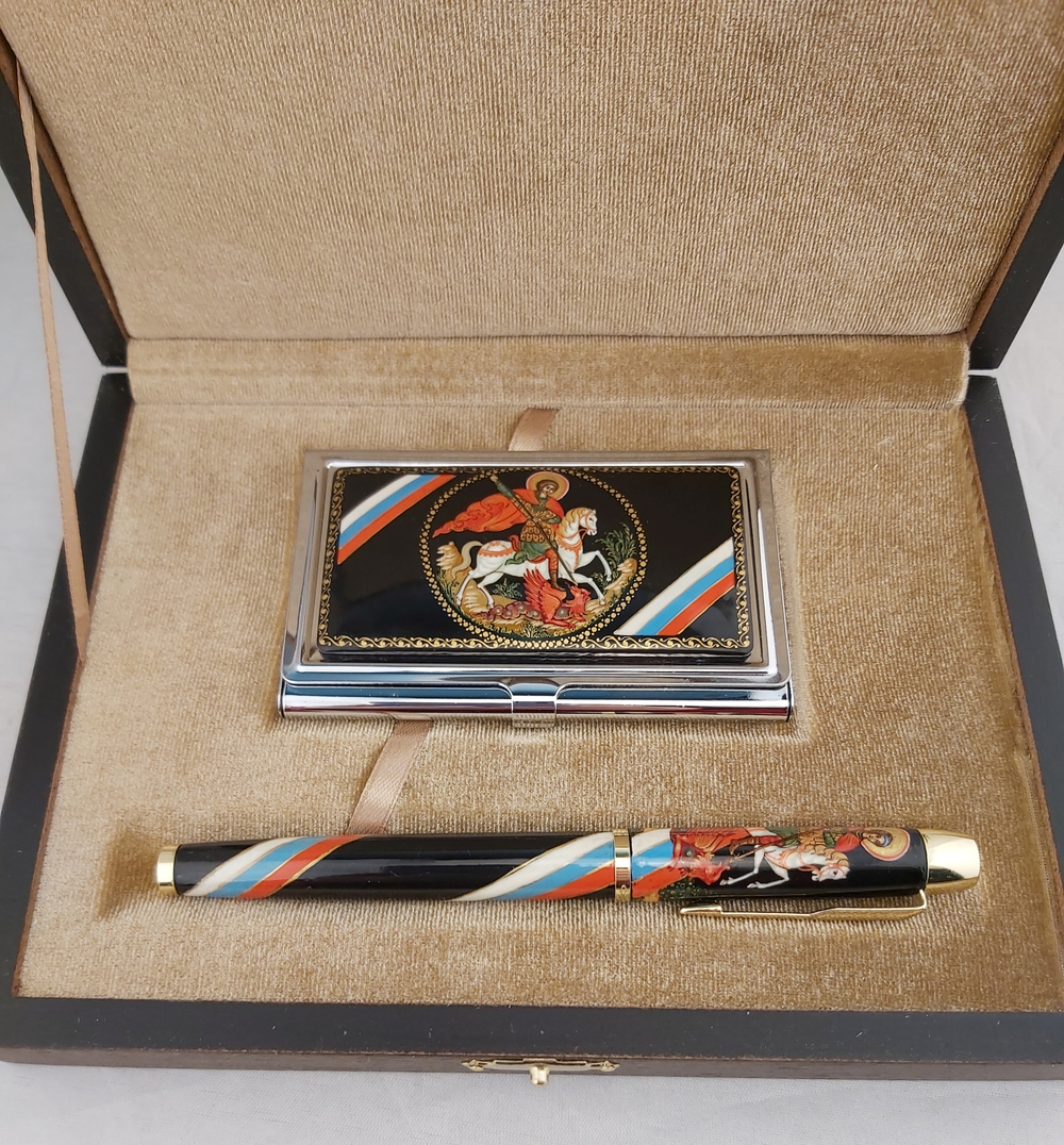 Набор "Георгий Победоносец" с визитницей и ручкой Паркер (роспись Палех)