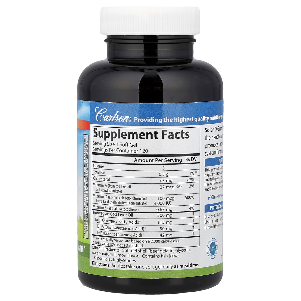 Carlson, Solar D Gems®, витамин D3 и омега-3, натуральный лимонный вкус, 120 капсул