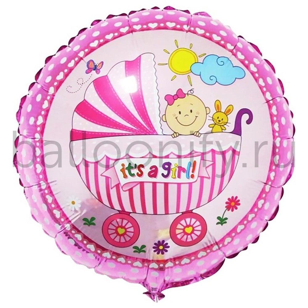 Фольгированная фигура, круг, Коляска и малыш девочка/FM,18"/46СМ