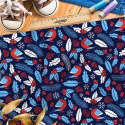 Ткань шифон голубые снегири и листья с шишками на синем фоне