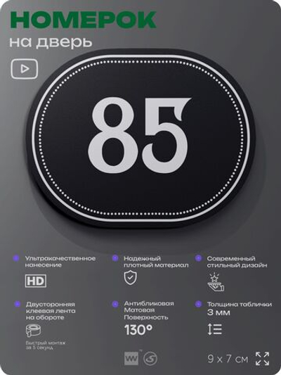 Номерок на дверь квартиры 85, для кабинета, офиса, шильдик 9 х 7 см, черный, Айдентика Технолоджи
