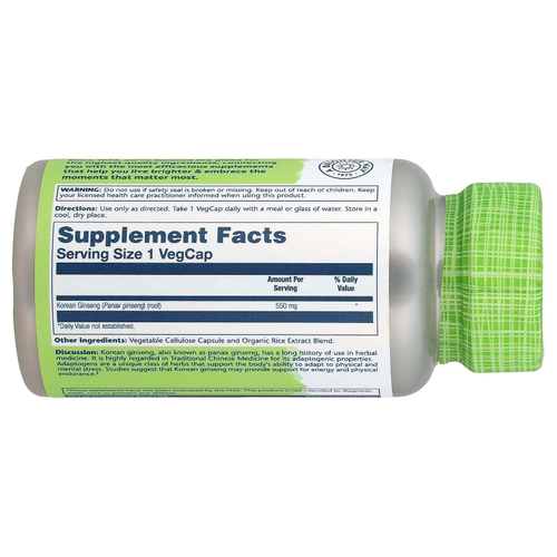 Solaray, корейский женьшень, 550 мг, 100 вегетарианских капсул