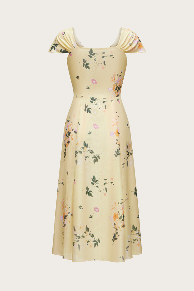 ПЛАТЬЕ-МИДИ ИЗ ЖЕЛТОГО ХЛОПКА С ЛЮРЕКСНЫМ НАПЫЛЕНИЕМ