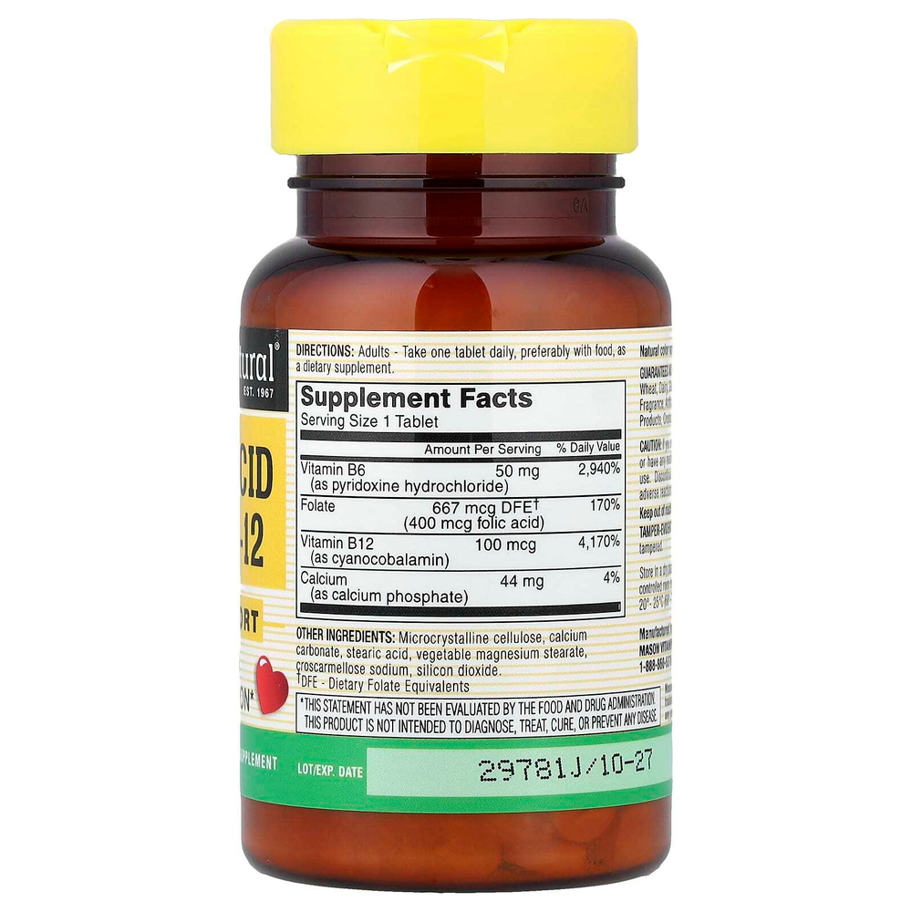 Mason Natural, Фолиевая кислота, B6 и B12, 90 таблеток