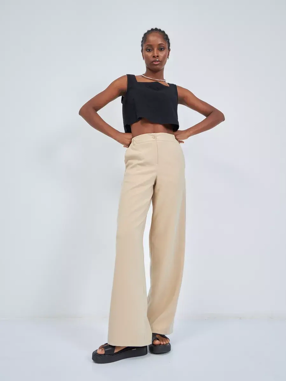 Брюки палаццо женские классические бежевые широкие резинка