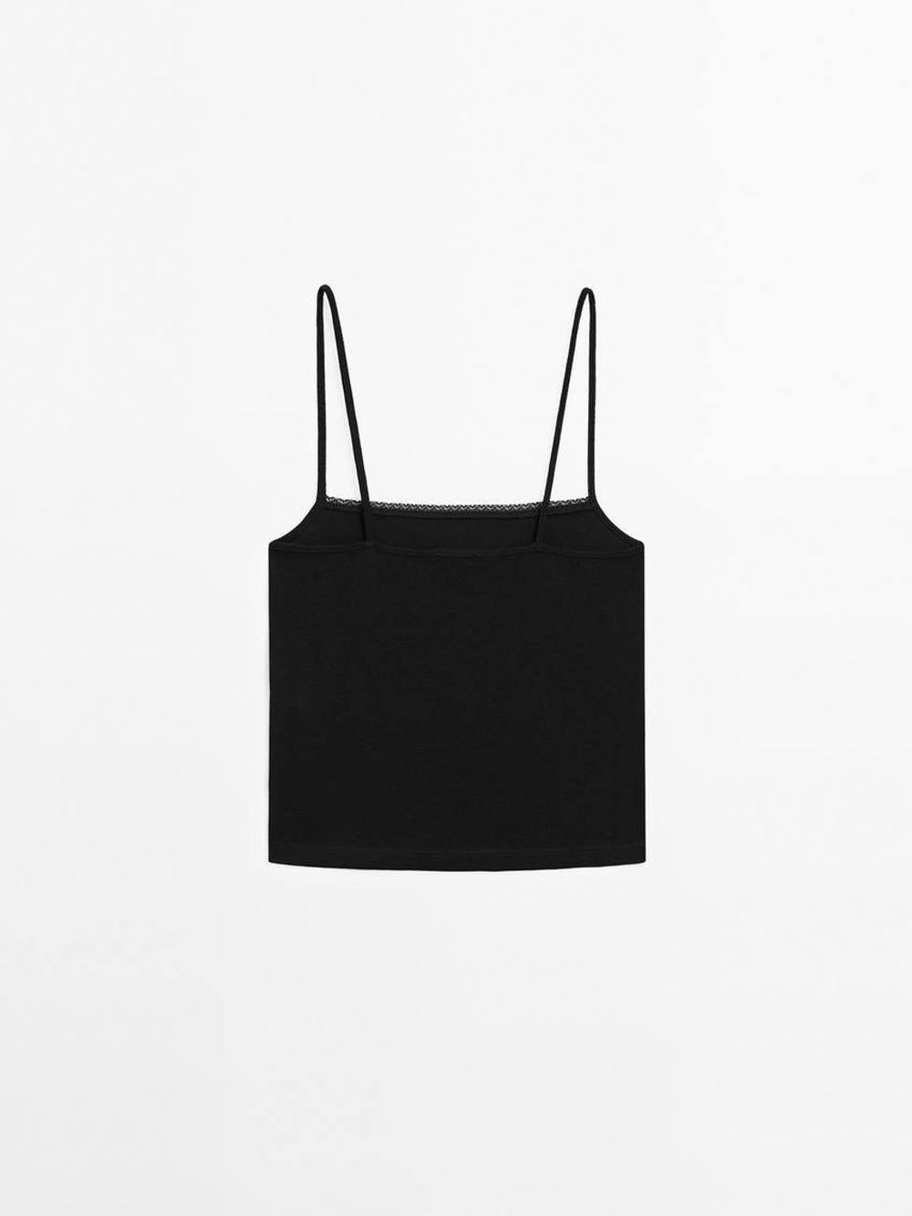 Massimo Dutti Трикотажный топ на бретелях с кружевом, черный