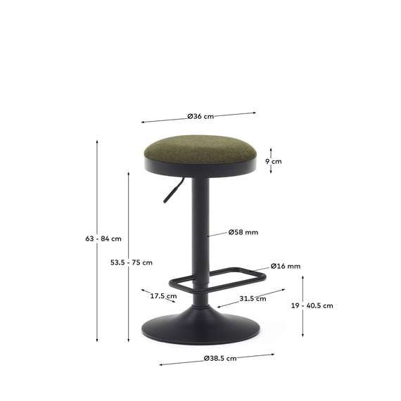 Барный табурет Zaib, 58-80 см, темно-зеленый шенилл, черная ножка